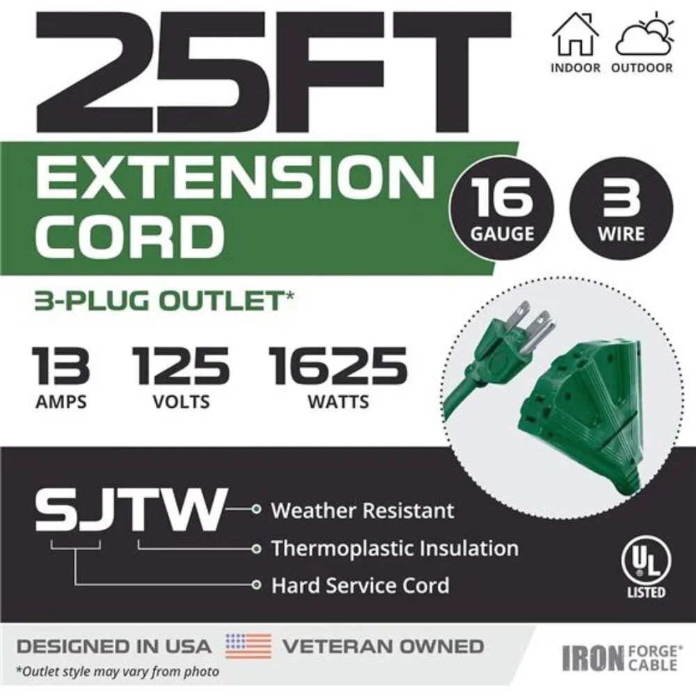 25Foot Outdoor Extension Cord with 3 Electrical Power Outlets -16/3 SJTW Durable